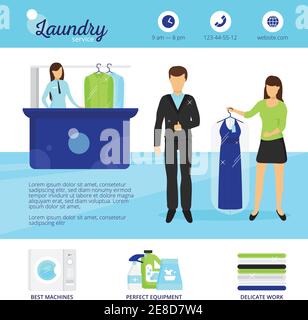 Wäscheservice mit Trockenreinigung und Waschen Symbole flach Vektor Abbildung Stock Vektor
