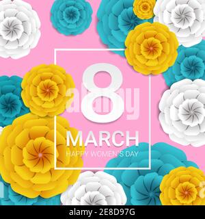 Womens Day 8 märz Feiertagsfeier Banner Flyer oder Gruß Karte mit dekorativem Papier Blumen 3d Rendering Vektor Illustration Stock Vektor