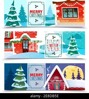 Weihnachten horizontale Banner Satz von bunten Papierkarten mit fröhlichen weihnachtsgruß und glückliches neues Jahr wünschen Vektor-Illustration Stock Vektor