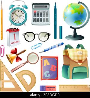 Zurück zur Schule liefert Ikonen Sammlung mit Klassenzimmer Zubehör Schultasche Lehrbücher und Wecker realistische Vektor-Illustration Stock Vektor