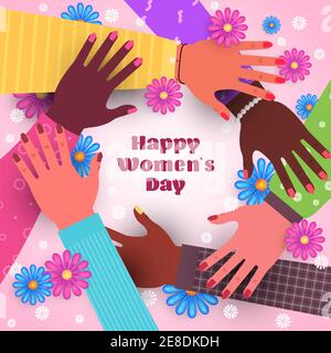 Internationaler Frauentag 8. märz Feiertagsfeier Konzept Mix Rennen Weibliche Hände halten sich gegenseitig Vektor-Illustration Stock Vektor