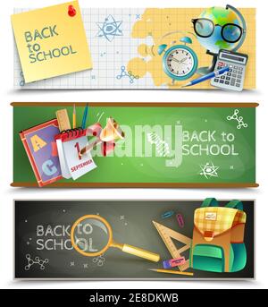 Back to School 3 horizontale Banner mit Kreidetafeln Lehrbücher gesetzt Und Sportunterricht Zubehör isoliert Vektor Illustration Stock Vektor