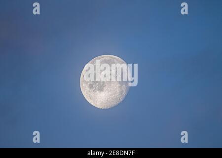 WIMBLEDON LONDON, GROSSBRITANNIEN 31. JANUAR 2021. Ein abnehmender Gibbous Mond erscheint bei Sonnenaufgang über Wimbledon an einem kalten Wintermorgen. Kredit: amer ghazzal/Alamy Live Nachrichten Stockfoto