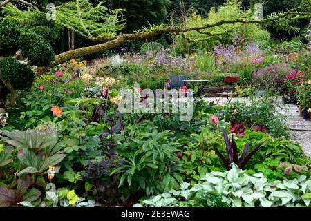 Terrasse Sitzbereich, Sitze, Tisch und Stühle, gemischte mehrjährige Grenze, gemischte mehrjährige Bett, Juni Blake's Garten, Wicklow, Irland, Sommer im Garten, Sitzgelegenheiten Stockfoto