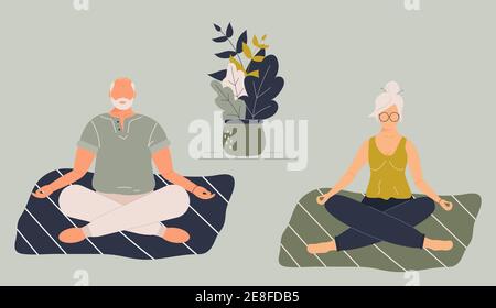 Ältere lustige Frau und Mann in Yoga Lotus Position, Meditation, Achtsamkeit Praxis, spirituelle Disziplin zu Hause oder Gym.Cute alte Dame und männlich Stockfoto