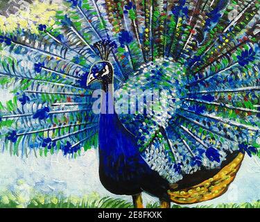 Originales Ölgemälde, süßer Pfauenvogel und Pfauenvogel Stockfoto
