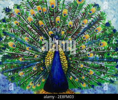 Originales Ölgemälde, süßer Pfauenvogel und Pfauenvogel Stockfoto