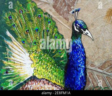 Originales Ölgemälde, süßer Pfauenvogel und Pfauenvogel Stockfoto