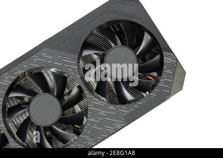 Game-Grafikkarte auf weißem Hintergrund isoliert. Das pc-Board kann verwendet werden, um Kryptowährung zu fördern. Computerteile. Stockfoto