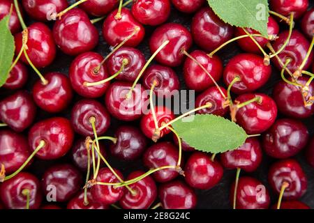 Nahaufnahme des Pfahls von reifen Kirschen mit Stielen und Blättern. Große Sammlung von frischen roten Beeren. Home Garten Ernte. Stockfoto