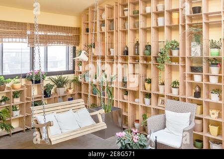 Schönes Wohnzimmer mit Schaukel Stuhl und Stock Sofa, stilvolle grüne Pflanzen und Dekorationen auf Holzregalen Stockfoto