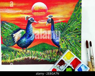 Kunst, Malerei, Ölfarbe, lächelnd, niedlich, Pfau, thailand, Maler, Leinwandmalerei Stockfoto