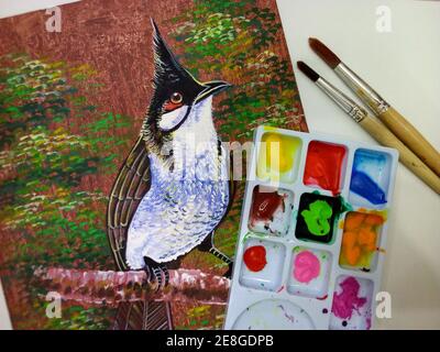 Kunst, Malerei, Acrylfarbe, lächelnd, niedlicher Vogel, rotgeflüsterter Bulbul Stockfoto