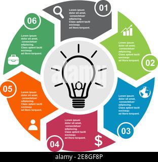 6-stufiges Vektorelement in sechs Farben mit Beschriftungen, Infografik-Diagramm. Geschäftskonzept von 6 Schritten oder Optionen mit Glühbirne . Stock Vektor