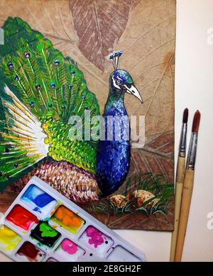 Kunst, Malerei, Ölfarbe, lächelnd, niedlich, Pfau, thailand, Maler, Leinwandmalerei Stockfoto