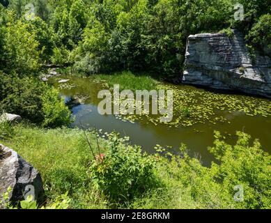 Buky Canyon Sommerlandschaft, Hirskyi Tikych Fluss, Tscherkassy Region, Ukraine. Stockfoto