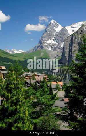 Blick auf den Eiger vom Lauterbrunnental bei Murren. Stockfoto