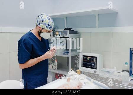 Unkenntlich männlicher Tierarzt Chirurg in Uniform stehend mit Kabeln aus EKG-Monitor neben dem Tisch mit Katze vor dem Betrieb im Krankenhaus Stockfoto