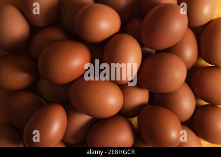 Von oben des Vollbildhintergrunds des Haufens von RAW Braune Hühnereier Stockfoto
