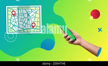 Konzeptuelle zeitgenössische Kunstcollage. Abstrakte Darstellung einer Karten-App, die von einem Smartphone kommt. Stockfoto