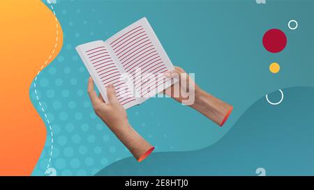 Konzeptuelle zeitgenössische Kunstcollage. Lesekonzept. Zwei Hände, die ein Buch mit Linien halten, die den Text darstellen. Stockfoto
