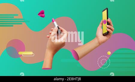 Konzeptuelle zeitgenössische Kunstcollage. Frau mit einem Smartphone als Spiegel und making-up. Stockfoto