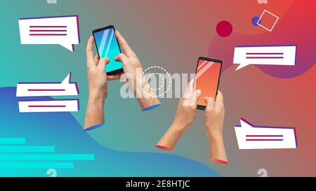 Konzeptuelle Collage zeitgenössischer Kunst. Männer und Frauen Hände halten Smartphones SMS. Stockfoto