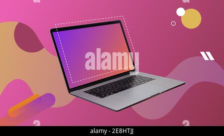 Zeitgenössische digitale Kunstcollage. Laptop geöffnet in rosa Hintergrund mit leerem Bildschirm. Stockfoto