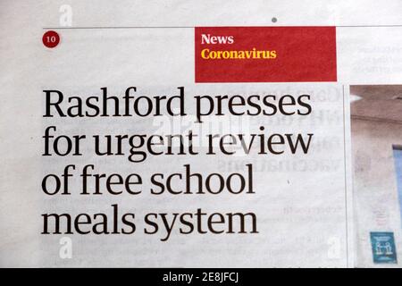 „Rashford setzt sich für die dringende Überprüfung des Systems der kostenlosen Schulmahlzeiten ein“ Coronavirus covid 19 Nachrichtenzeitung Schlagzeile in Guardian auf 14 Januar 2021 London Großbritannien Stockfoto