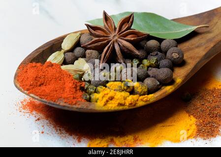 Verschiedene Gewürze in Holzlöffel, Paprika, Chili, Piment, Kurkuma, Sternanis, Kardamom, grüner Pfeffer, Muskatpulver, Lorbeerblatt Stockfoto