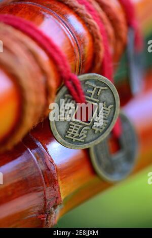 Chinesische Glücksmünzen auf Bambus Stockfoto