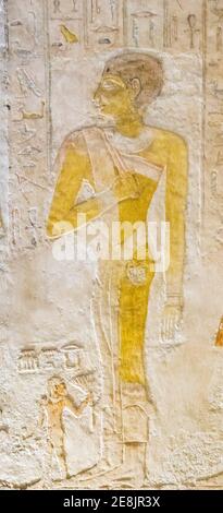 Ägypten, Guizeh, Grab der Königin Meresankh III, Enkelin von Kheops und Ehefrau von Khephren. Meresankh III trägt ein Pantherskelkleid. Stockfoto