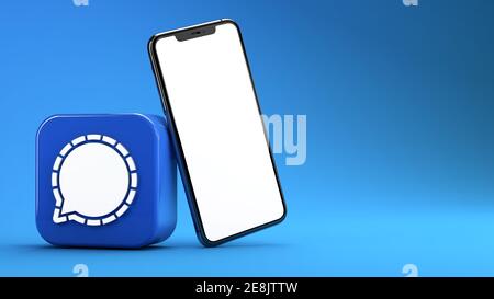 Valencia, Spanien, Januar 2021: 3D-Rendering von Signal Messenger App Icon und Handy auf blauem Hintergrund isoliert. Alternative Messaging-Anwendung Stockfoto