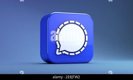 Valencia, Spanien, Januar 2021: 3D-Rendering von Signal Messenger App-Symbol auf blauem Hintergrund isoliert. Alternative Messaging-Anwendung zu WhatsApp, Stockfoto