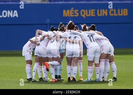 Barcelona, Spanien. Januar 2021. Real Madrid Spieler vor dem Primera Iberdrola Spiel zwischen FC Barcelona und Real Madrid im Johan Cruyff Stadion in Barcelona, Spanien. Kredit: SPP Sport Presse Foto. /Alamy Live Nachrichten Stockfoto