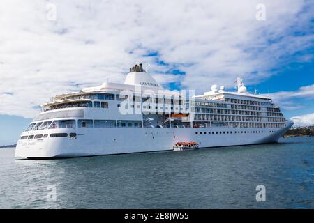 Kreuzfahrtschiff Silver Whisper Nassau im Hafen von Sydney zu Beginn des Coronavirus-Ausbruchs in Sydney, Australien. Stockfoto