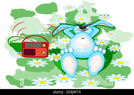 Bunny mit Radio isoliert auf weißem Hintergrund. Süßes blaues Kaninchen, das Musik auf der Wiese hört. Weltfunktag. Retro-Radio und Hase. Vektorgrafik Stock Vektor