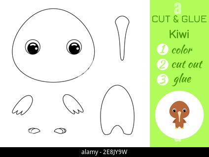 Malbuch schneiden und kleben Baby Kiwi. Pädagogische Papier Spiel für Vorschulkinder. Arbeitsblatt ausschneiden und einfügen. Farbe, Schnittteile und Kleber auf Papier. Stock Vektor