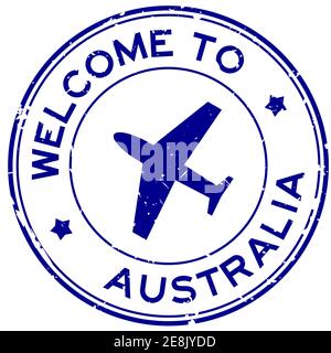 Grunge blau Willkommen in Australien Wort mit Flugzeug Symbol rund Stempel mit Gummidichtung auf weißem Hintergrund Stock Vektor