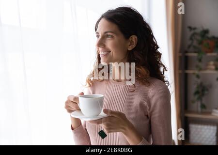 Glücklich schöne junge verträumte Frau in der Nähe Fenster mit einer Tasse Tee. Stockfoto