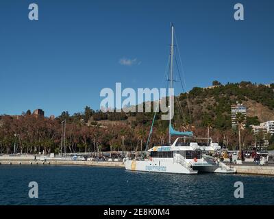 Katamaran für touristische Ausflüge in Port of Malaga, Muelle uno, Andalusien, Costa del sol, Spanien. Stockfoto