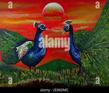 Originales Ölgemälde, süßer Pfauenvogel und Pfauenvogel Stockfoto