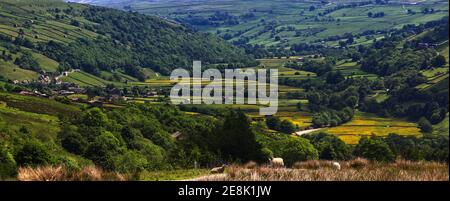 Weiter Panoramablick auf Swaledale, Yorkshire Dales National Park in Richtung Heuwiesen und Dorf Gunnerside Stockfoto