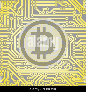 Elektronisches Kryptowährungskonzept. Bitcoin-Zeichen auf einem Platinenhintergrund. Vektor futuristische Illustration. Virtuelle Währung. Stock Vektor
