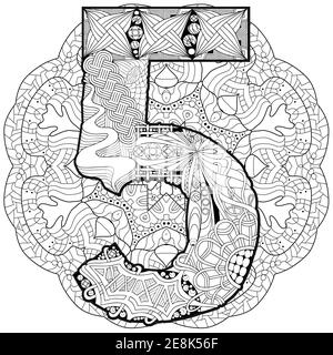 -Handgemalte Design. Erwachsenen Anti-Stress-Malvorlagen. Schwarz / weiß handgezeichnete Abbildung Mandala mit Numero fünf für Malbuch Stock Vektor