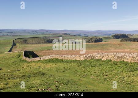 Der Blick nach Südwesten in Richtung Housesteads Roman Fort und Housesteads Crags von Clew Hill, Hadrian's Wall, Northumberland, Großbritannien Stockfoto