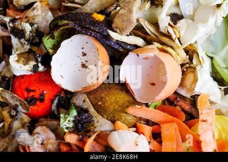 Obst und Gemüse Schalen in einem Kompost Container, Bron, Frankreich gestapelt Stockfoto