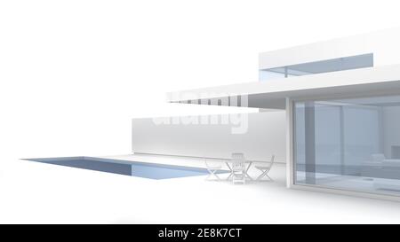 Modernes, minimalistisches weißes Gebäude mit Kopierer-Platz. 3d-Rendering Stockfoto