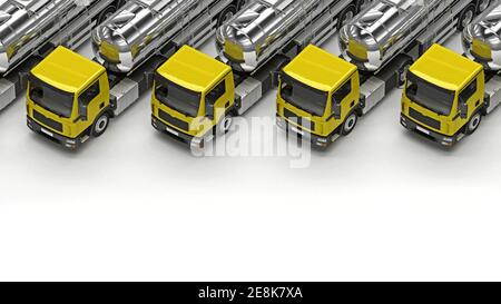 Reihe von Lastwagen mit Silber-cester Anhänger über Ansicht und Kopierer Platz. 3d-Rendering Stockfoto