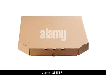 Leerer Karton Karton Pizza-Paket. Papier Pizza-Box. Isoliert auf weißem Hintergrund. Leere Vorlage für Design Stockfoto